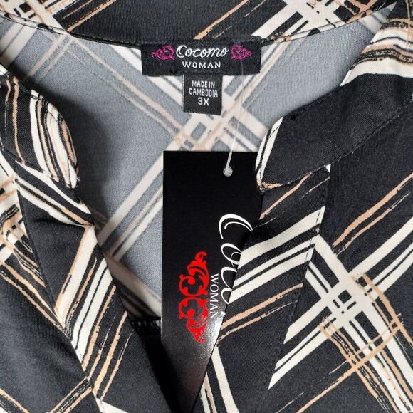 Cocomo Women's Plus Size 3X Black Tan Plaid Print Studded Pintuck 3/4 Sleeve Top - Picture 6 of 7